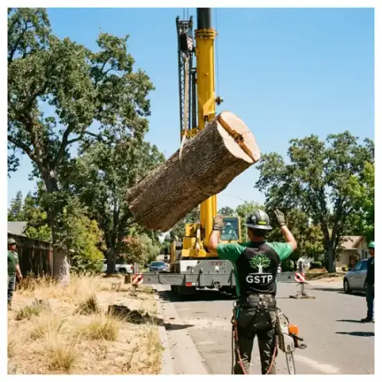 Crane lowering a tree section during a New Orleans removal